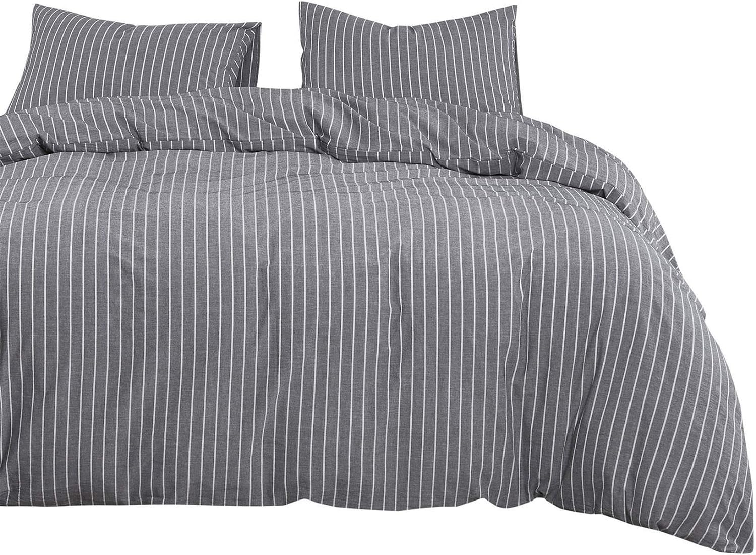 Gray Striped King Size 3pcs Washed Cotton Duvet Cover Set with Zipper Closure F599198