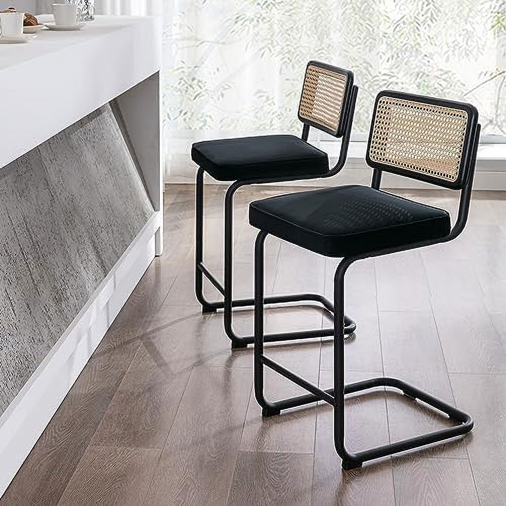 Counter Height Stools Set of 2, 24'' Modern Velvet Stools with Natural Cane Mesh J316862