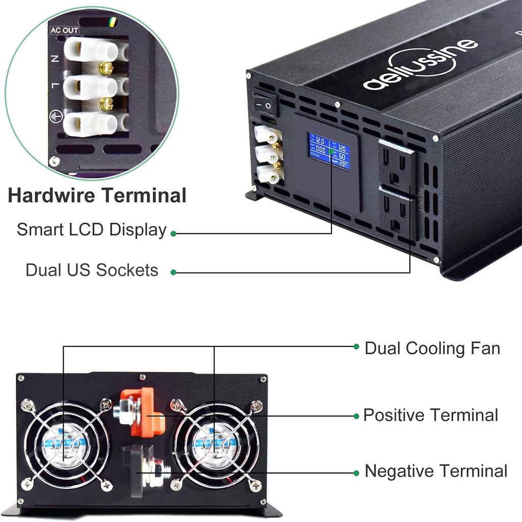 2000w Pure Sine Wave Power Inverter 48v DC to AC 110v 120v with Hardwire Terminal LCD Display D447805