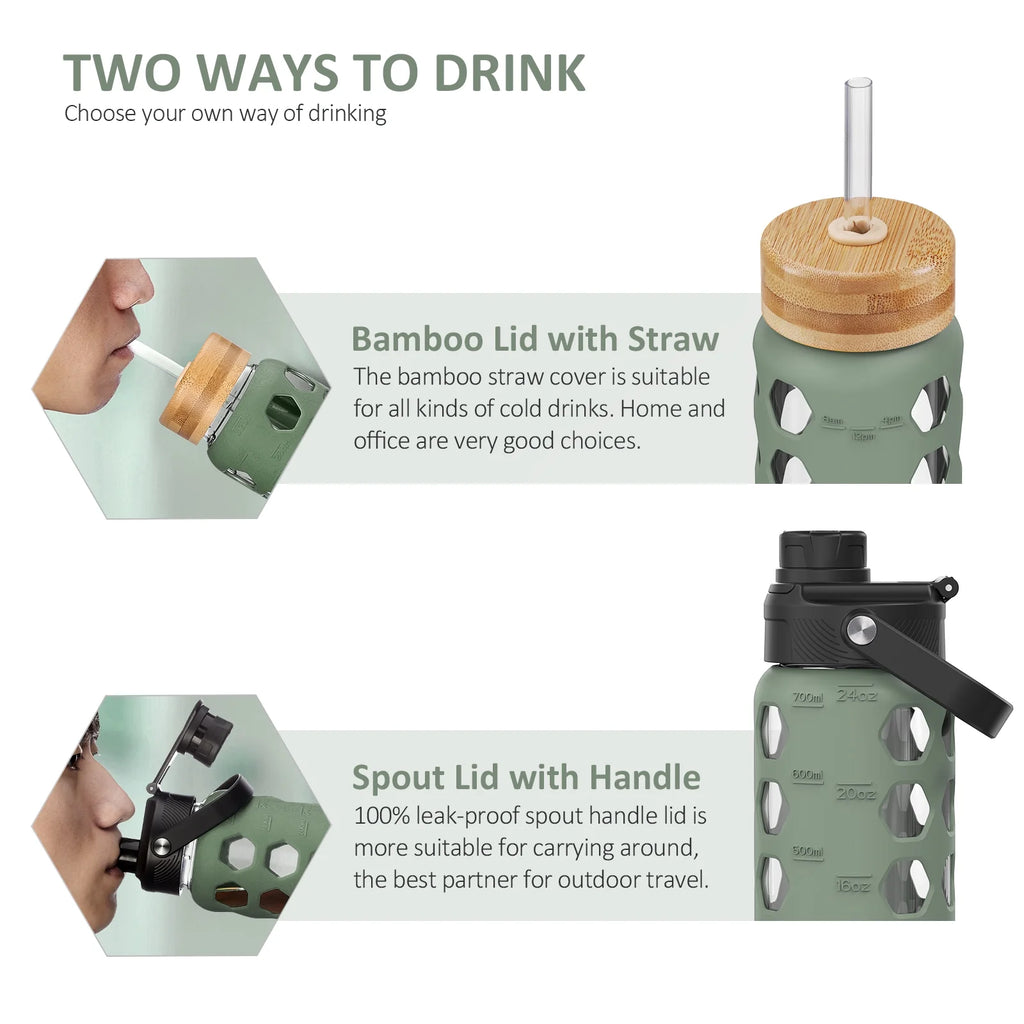 24oz Glass Water Bottle with 2 Lids and Silicone Sleeve E72335