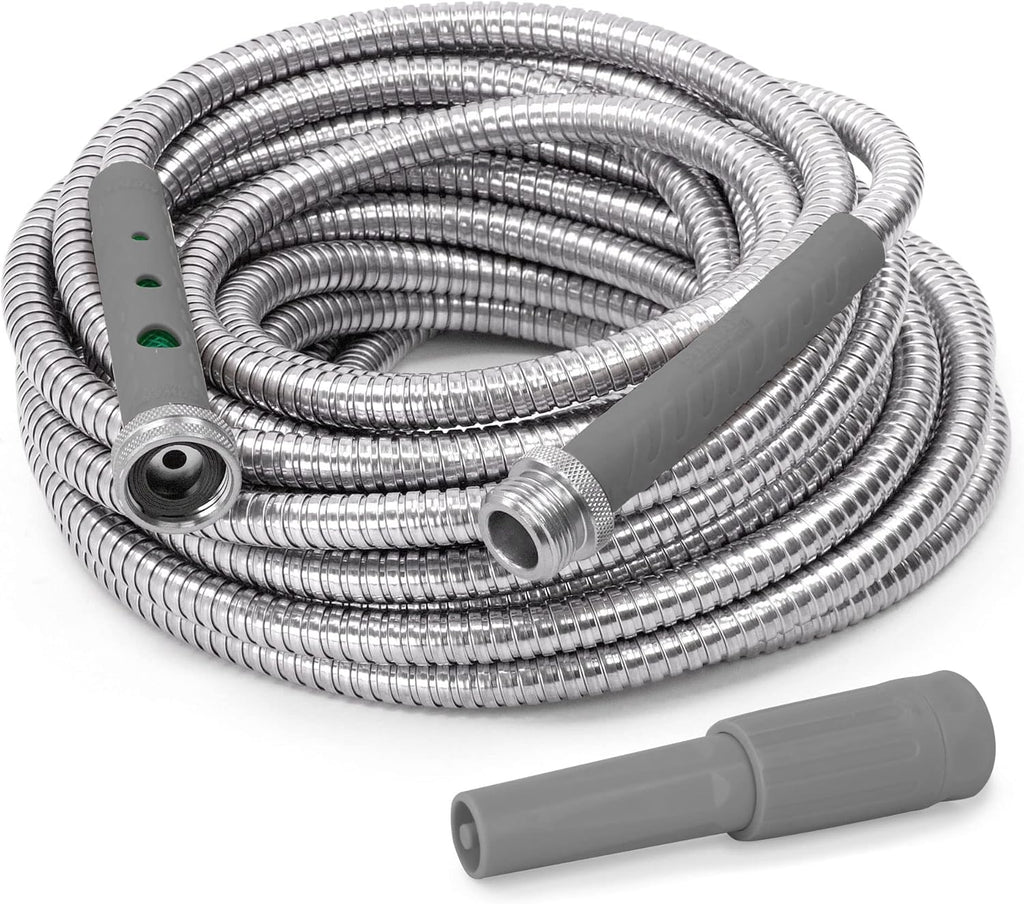 75' Lightweight 304 Stainless Steel Garden Hose with Adjustable Spray Nozzle, Red, Pack of 2 Y81903