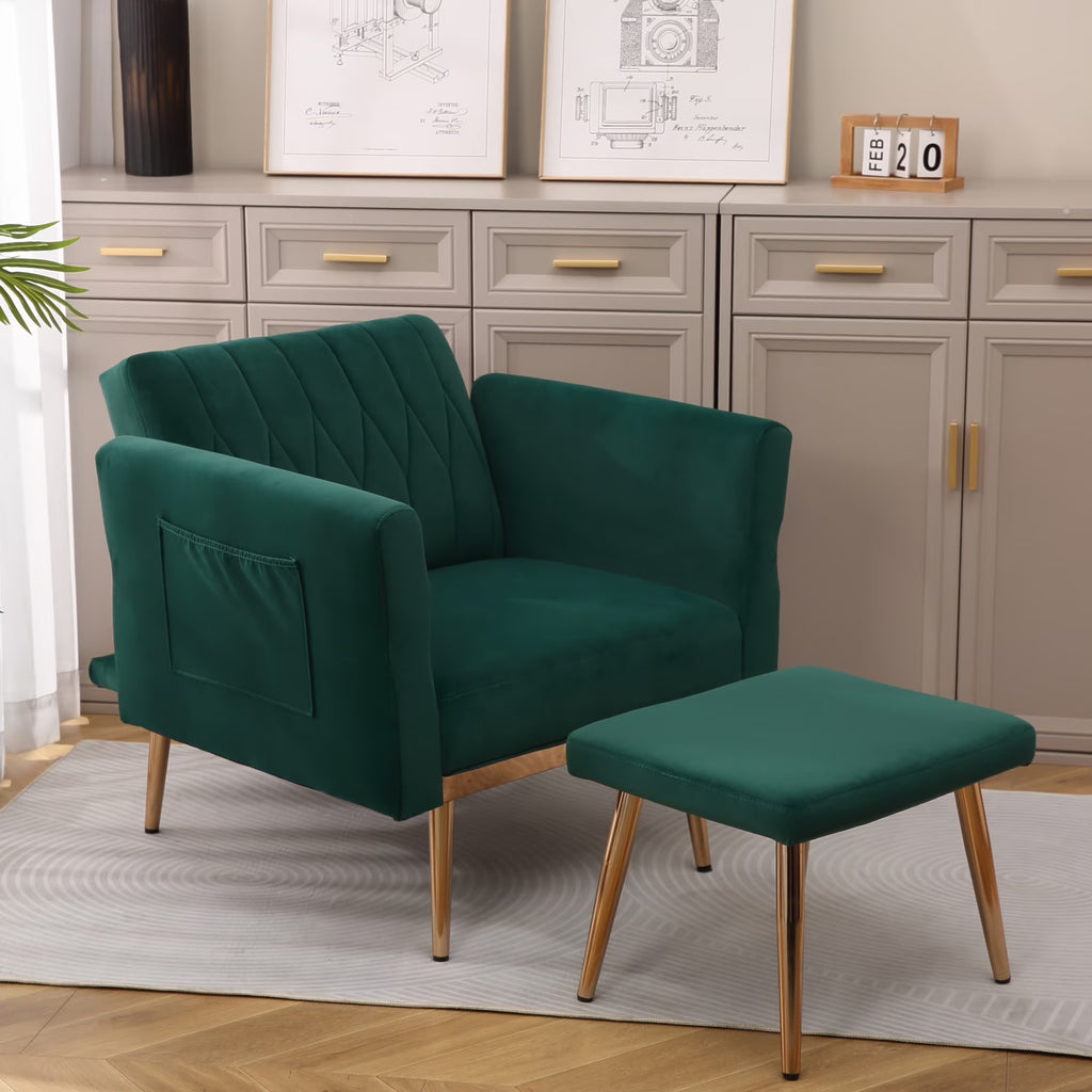 Velvet Accent Chair with Ottoman Set, Gold Legs, Upholstered Single Sofa A58544