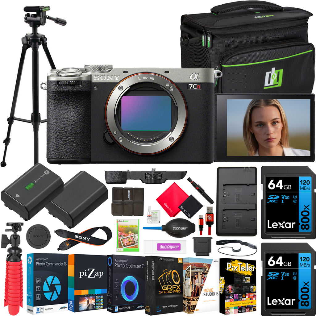 Silver Full Frame Mirrorless Interchangeable Lens Hybrid Camera Body with Photography Bag Case, Extra Battery, Charger, Tripod F787015