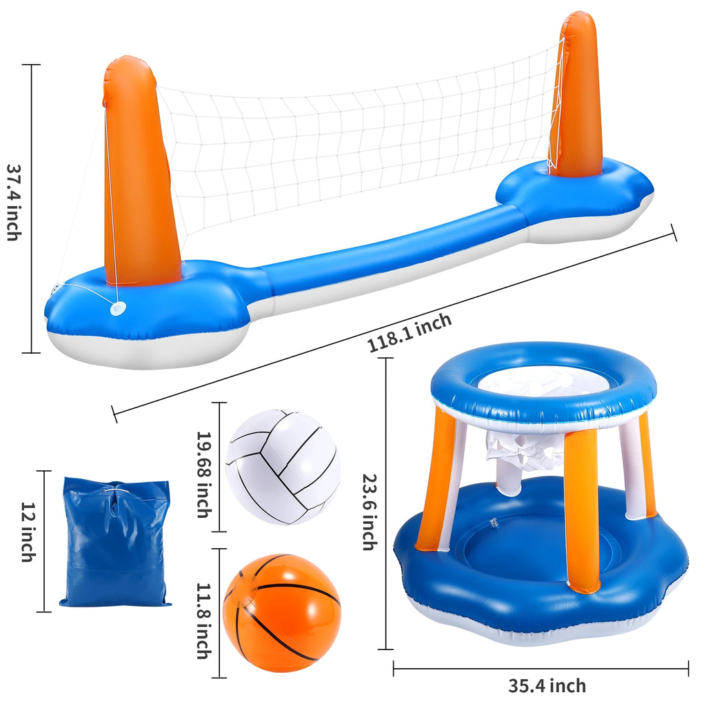Inflatable Pool Float Set with Volleyball Net & Basketball Hoops M234