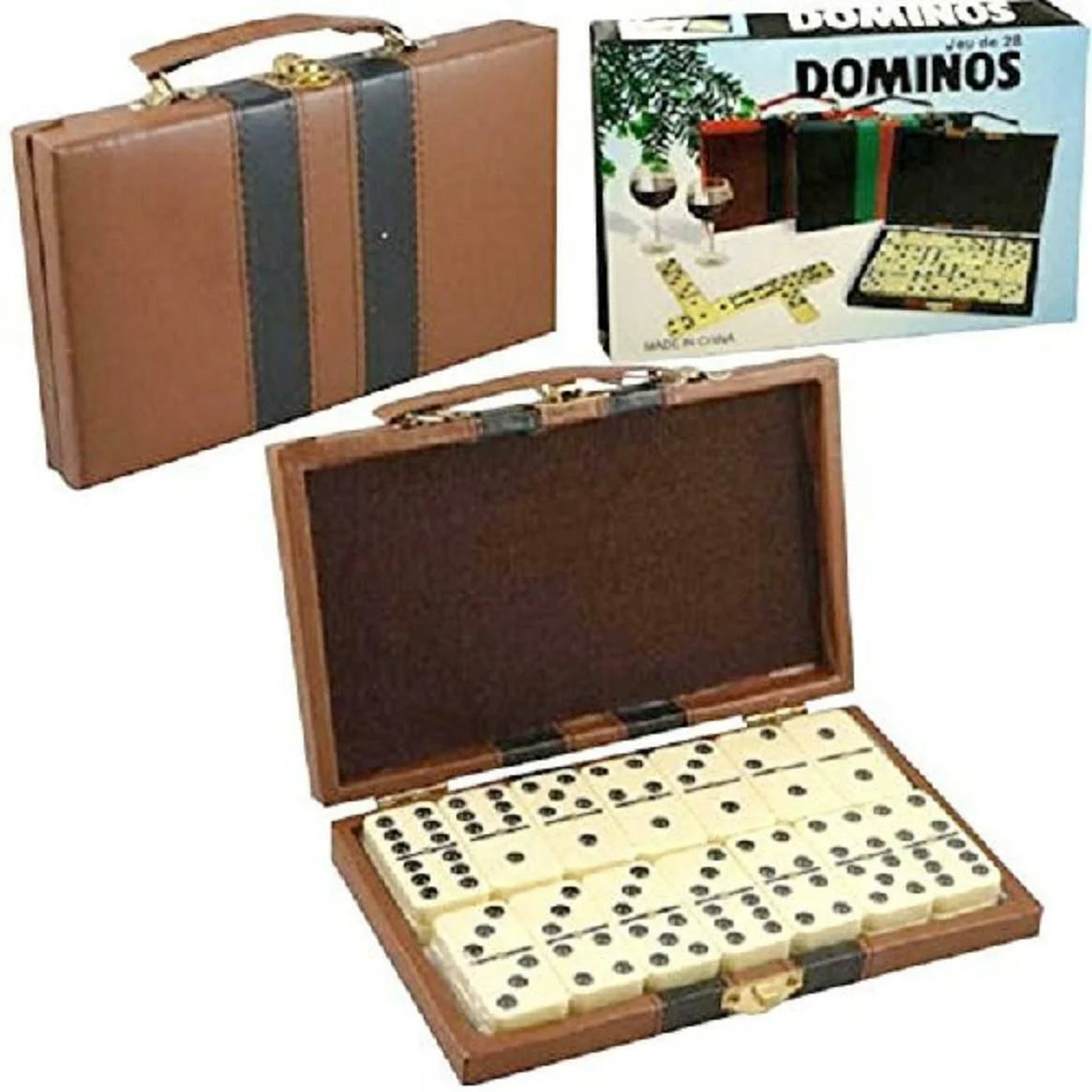 Ivory and Black Tile Dominoes with Metal Spinners in Travel Case S92617