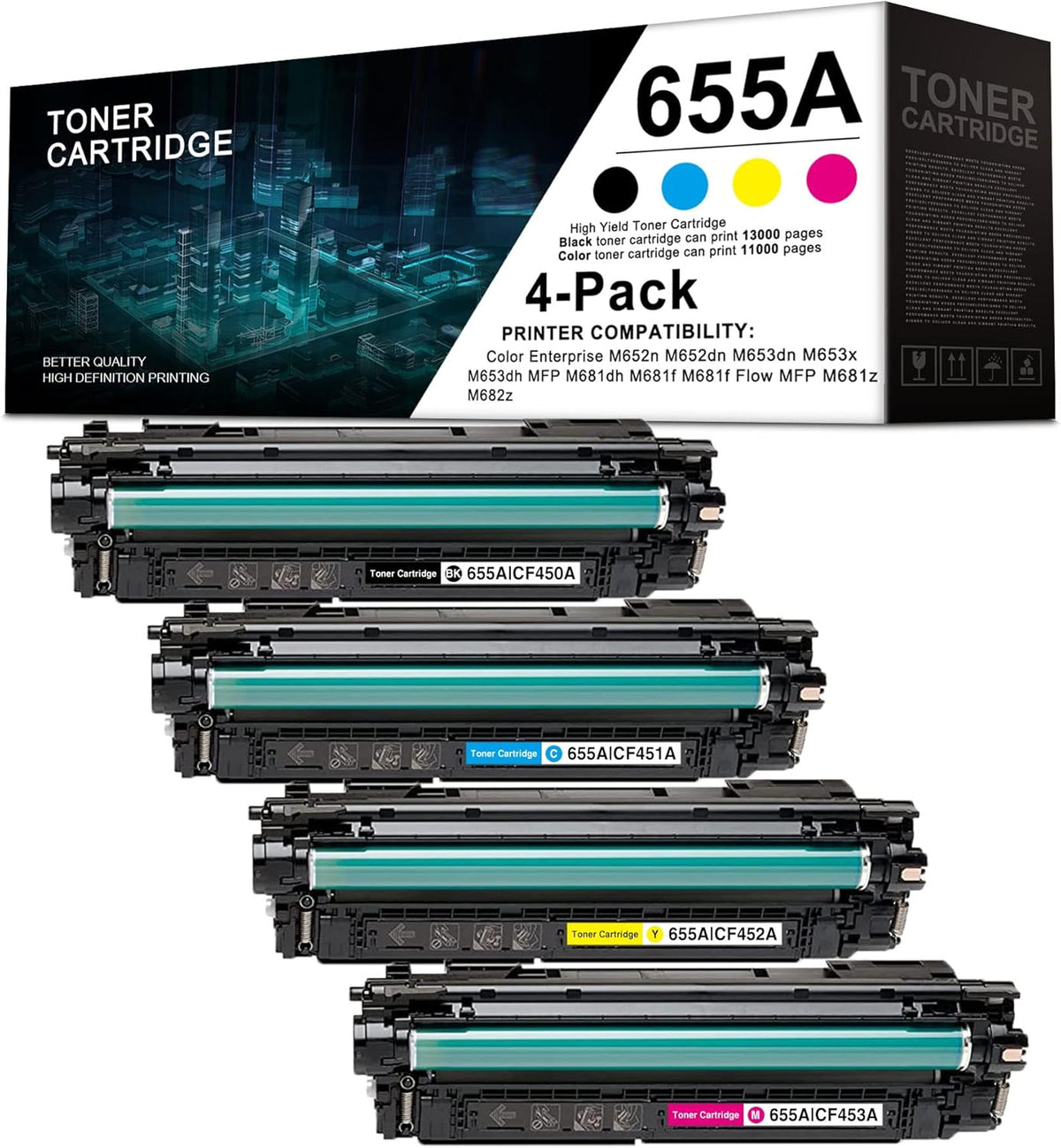 4 Pack Toner Cartridge Replacement for HP Color Enterprise M652n M652dn M653dn M653x M653dh MFP M681dh M681f Flow MFP M681f M681z M682z U795