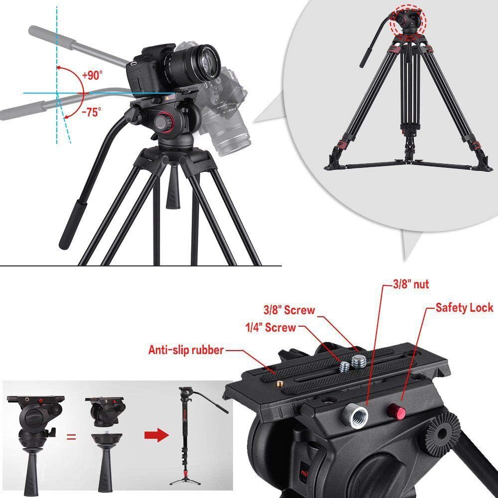 Heavy Duty Aluminum Fluid Head Video Tripod with Ground Spreader Q9196