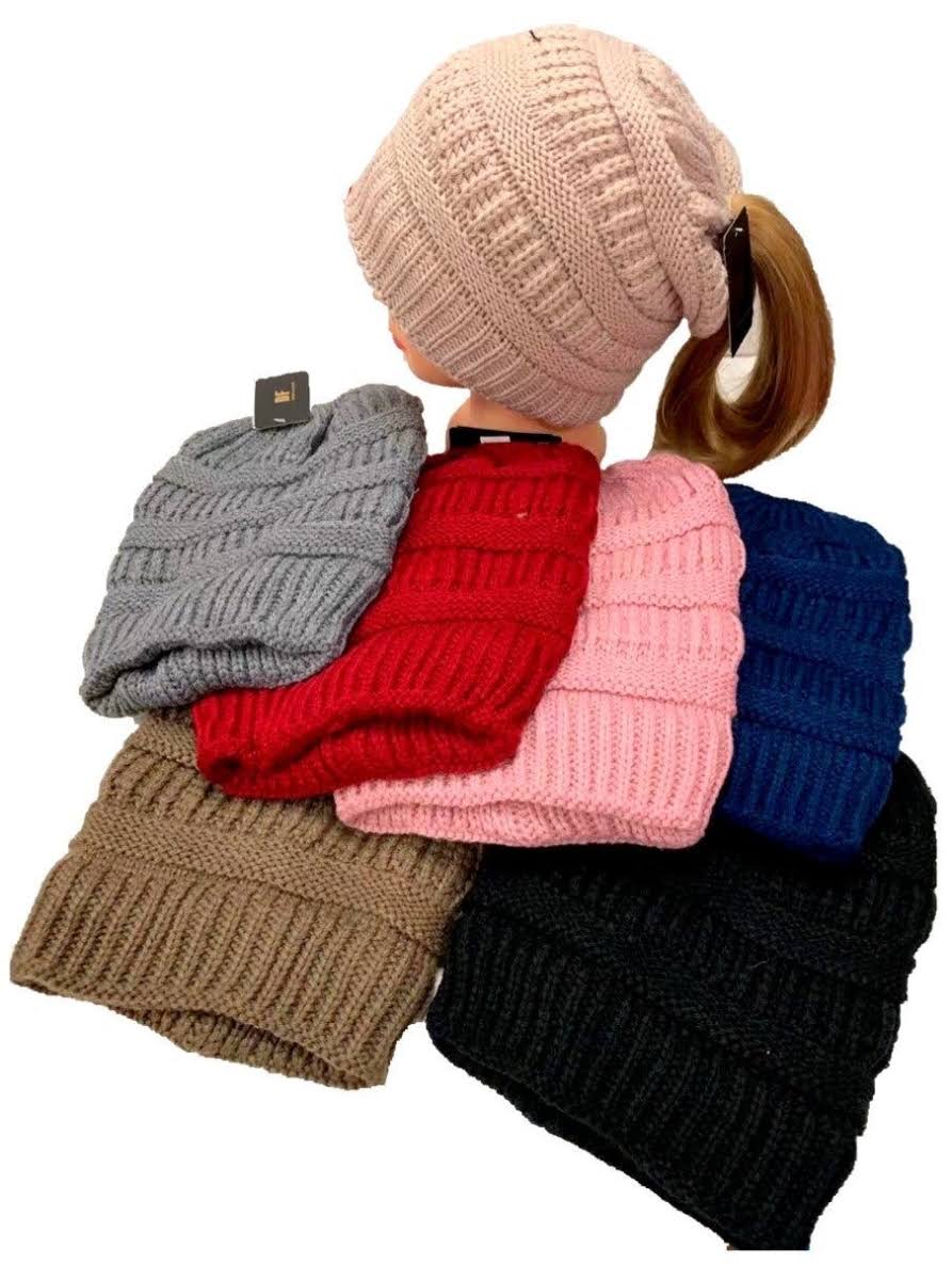 Winter Knit Beanie with Ponytail Holder Case of 36 L9541
