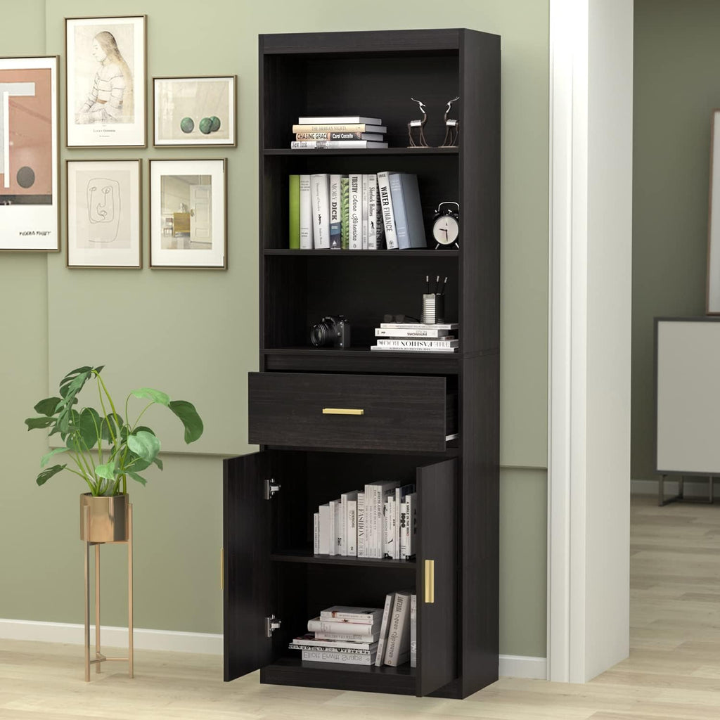 Tall Wooden Bookcase with Shelves and Glass Doors White L20150