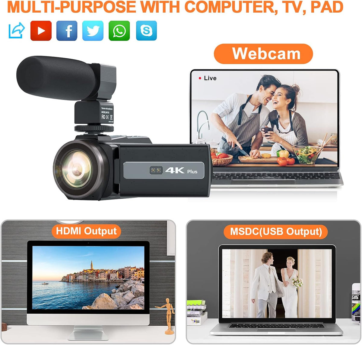 4K Video Camera Camcorder with Anti-Shake, 48MP WiFi 3 Inch IPS Touch Screen 16X Zoom Digital Camera Recorder with IR Night Version, Battery Charger, Microphone T47128