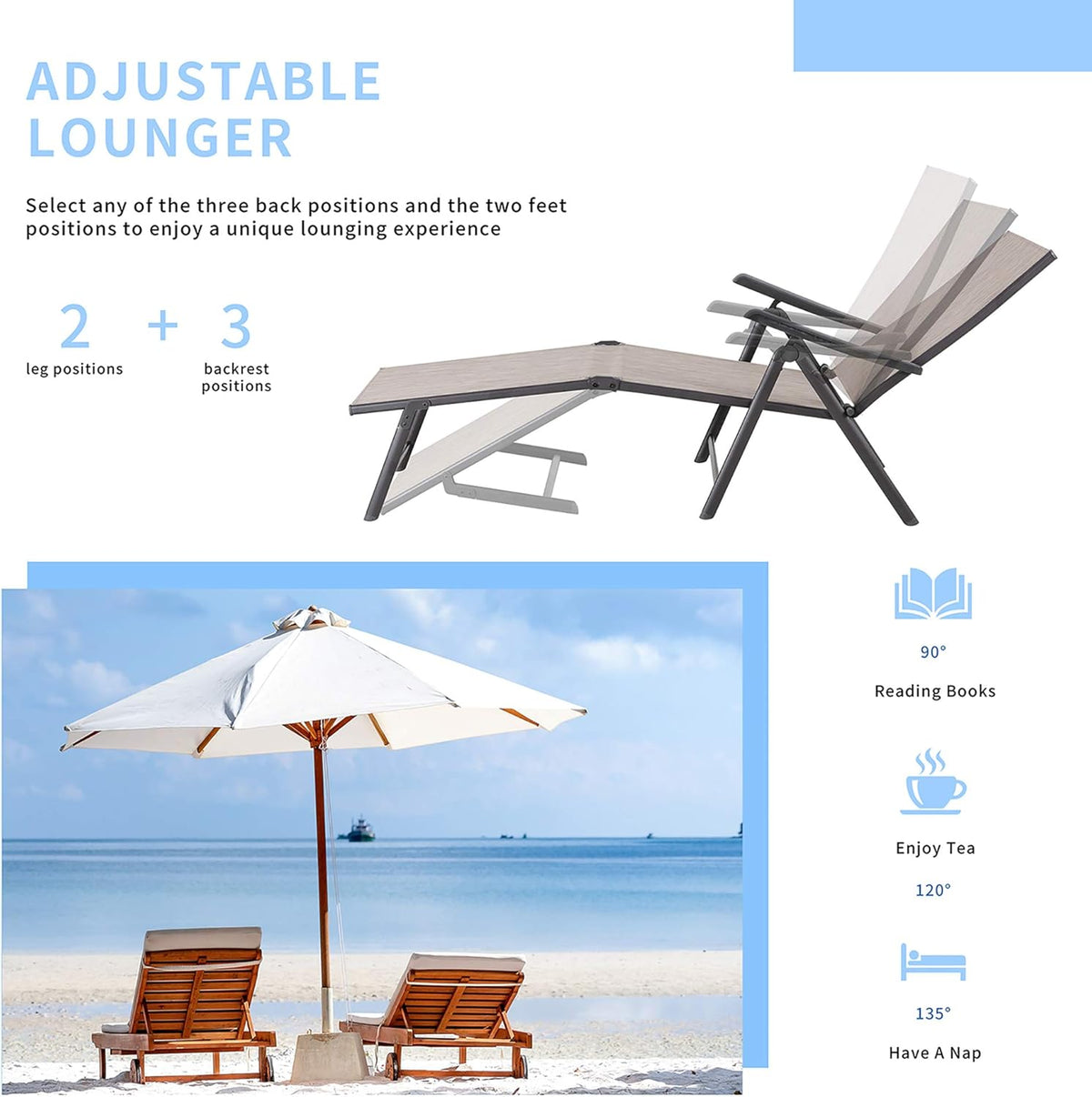 Outdoor Lounge Chairs Set of 2, Lightweight Folding Reclining Texilene Patio Chair with Adjustable Backrest B690