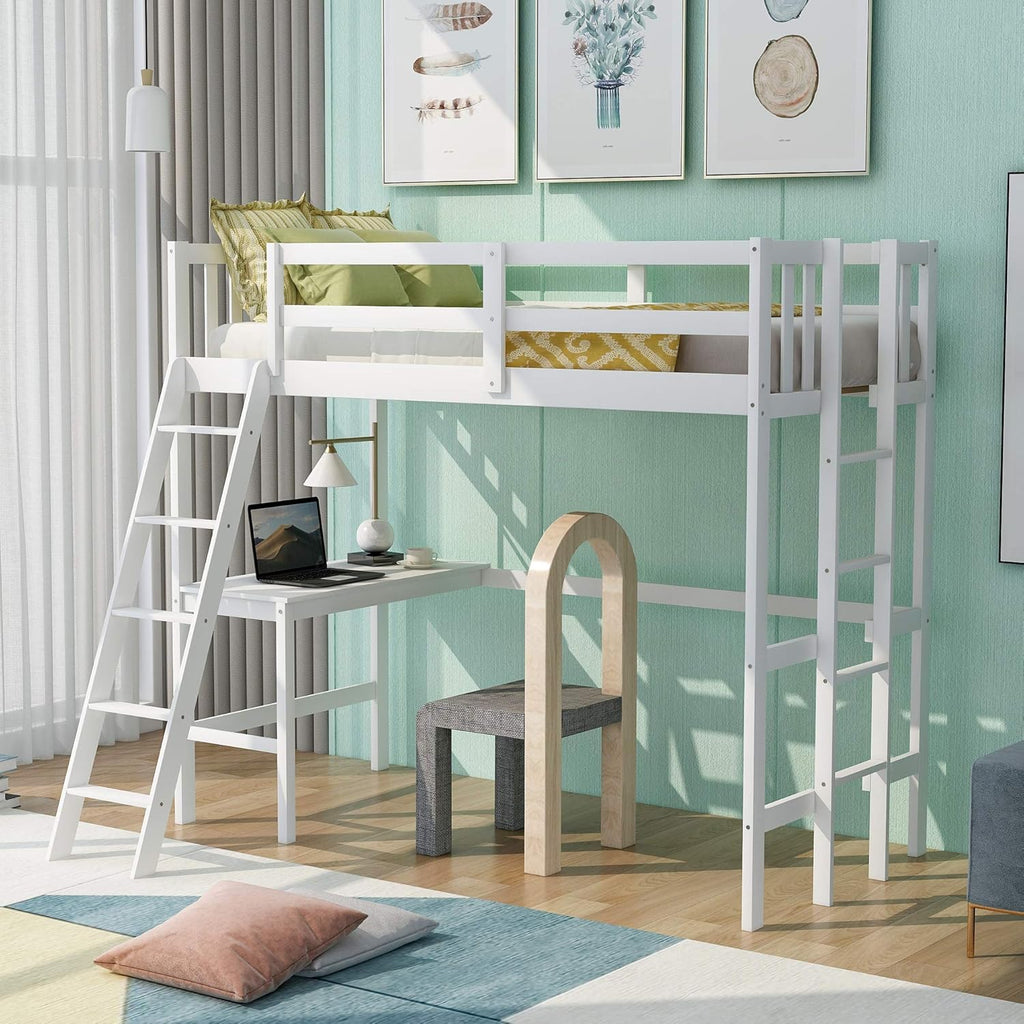 Espresso Wood Twin Loft Bed with Desk and Storage Drawers, Cabinet, Shelves J4884