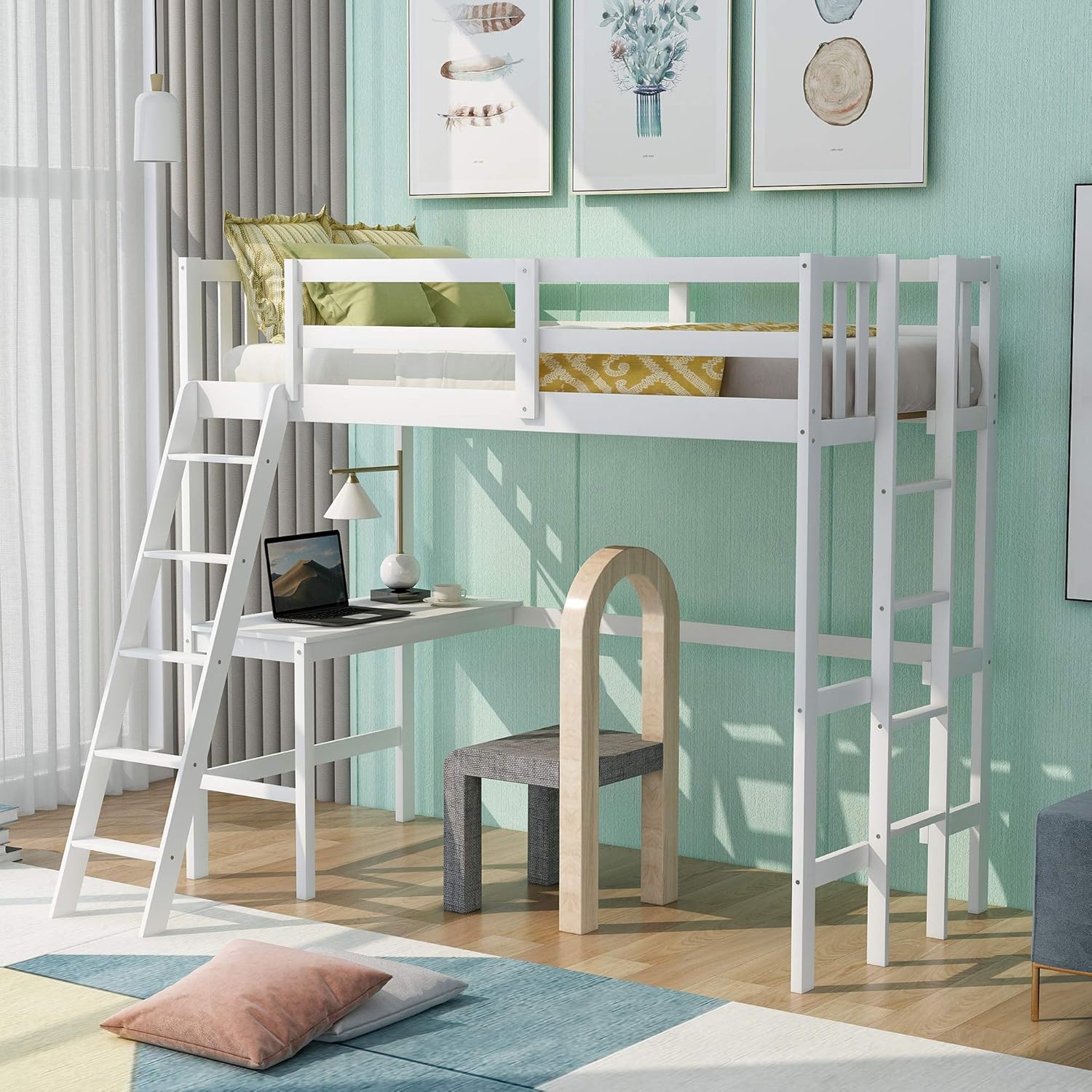 Espresso Wood Twin Loft Bed with Desk and Storage Drawers, Cabinet, Shelves J4884