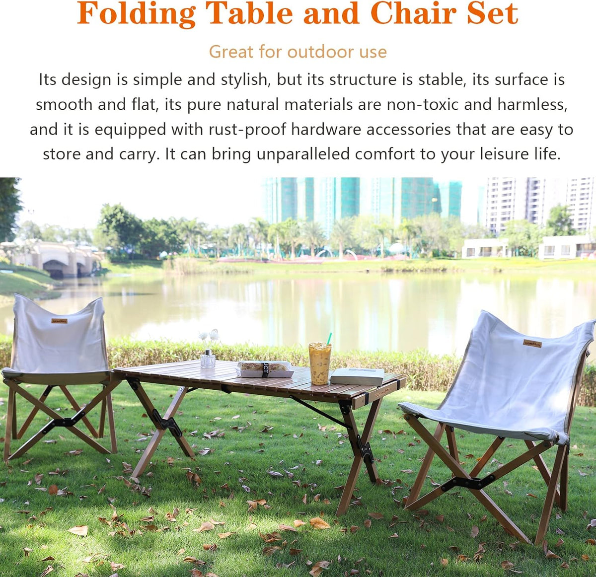 Solid Wood Folding Camping Table and Chair Set (Beech) P491136