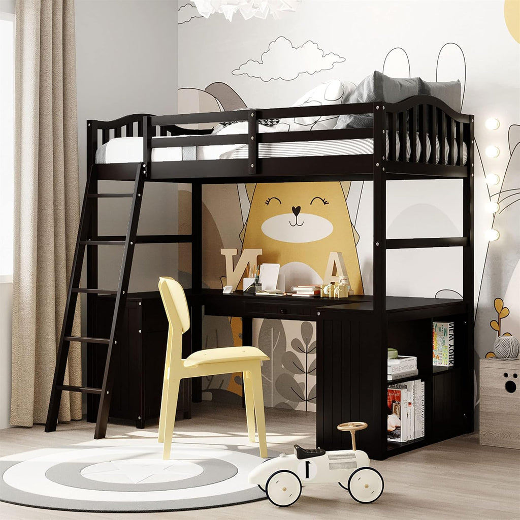 Espresso Wood Twin Loft Bed with Desk and Storage Drawers, Cabinet, Shelves J4884