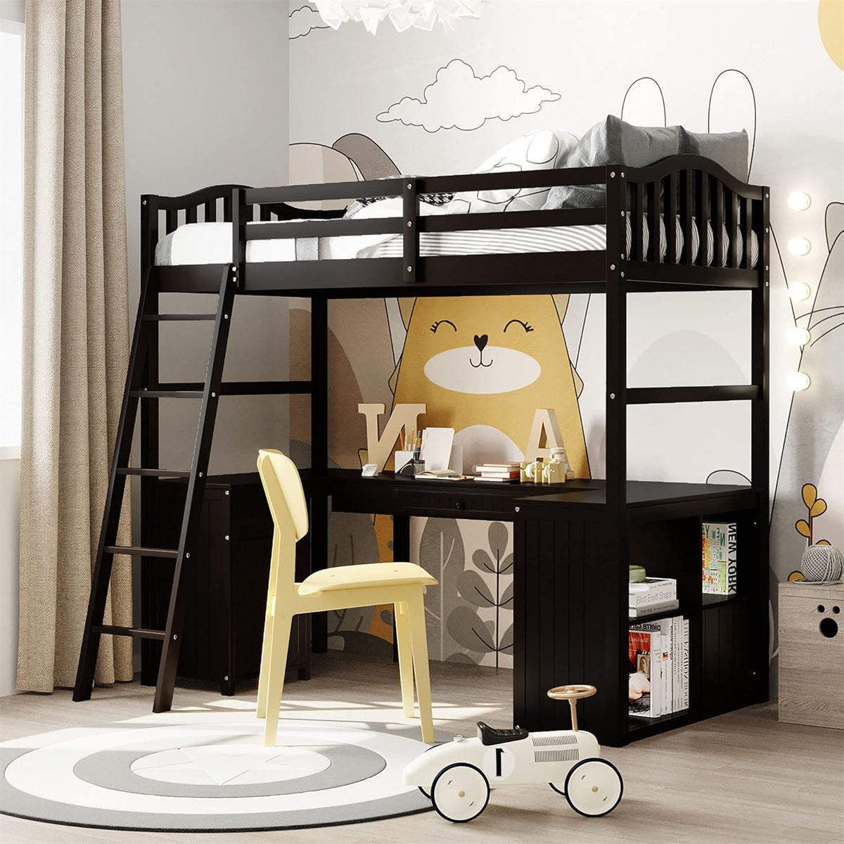 Espresso Wood Twin Loft Bed with Desk and Storage Drawers, Cabinet, Shelves J4884
