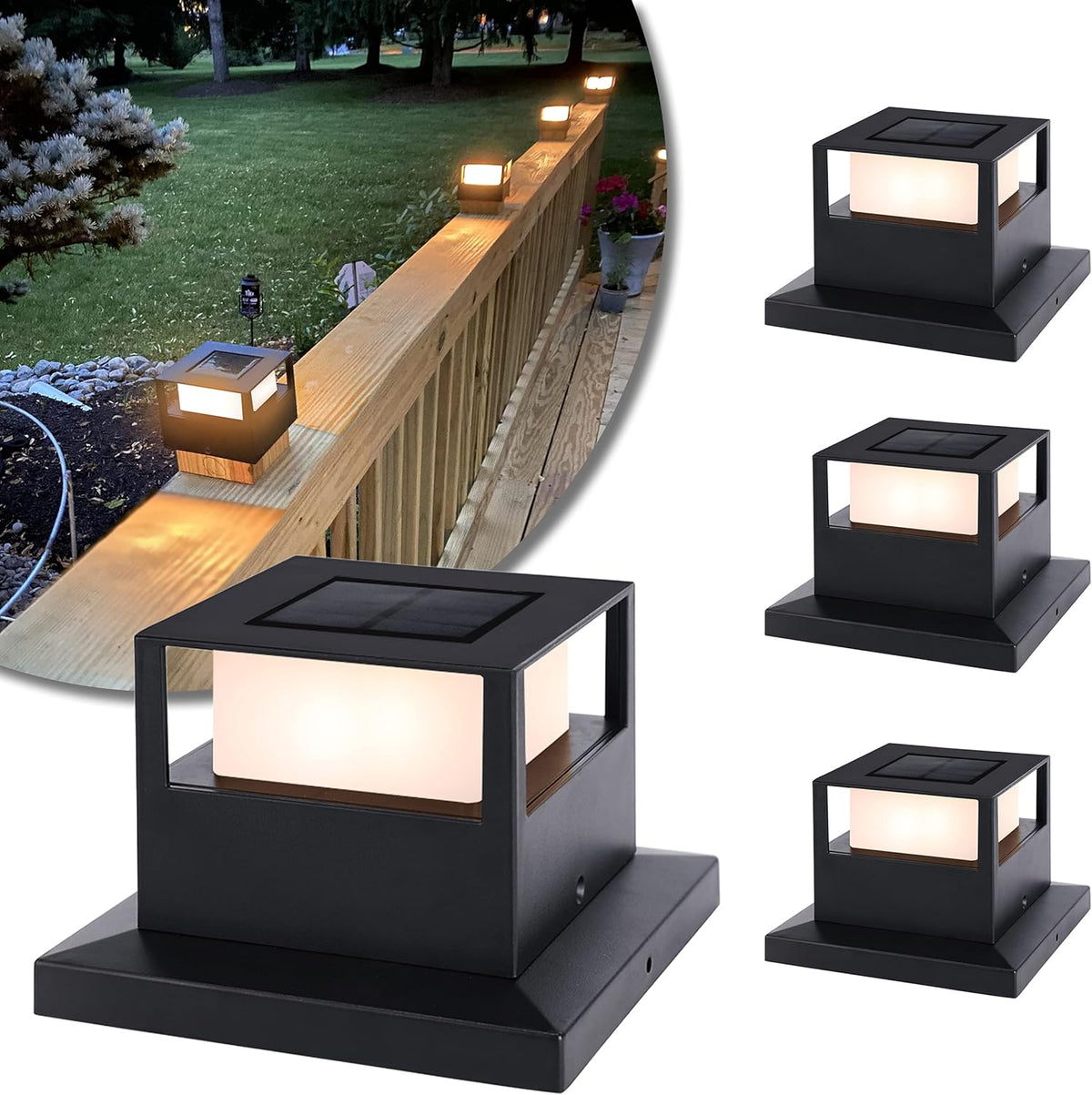 4 Pack Solar Post Cap Lights for Fence Deck Patio, Waterproof, Fits 4x4 5x5 6x6 Wooden Posts K983