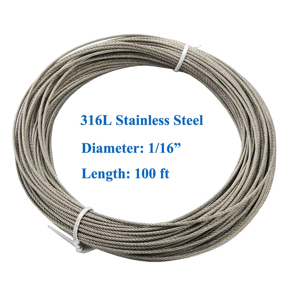 100 ft 1/16 inch 316 Stainless Steel Wire Rope with 20pcs Crimping Sleeves U14056