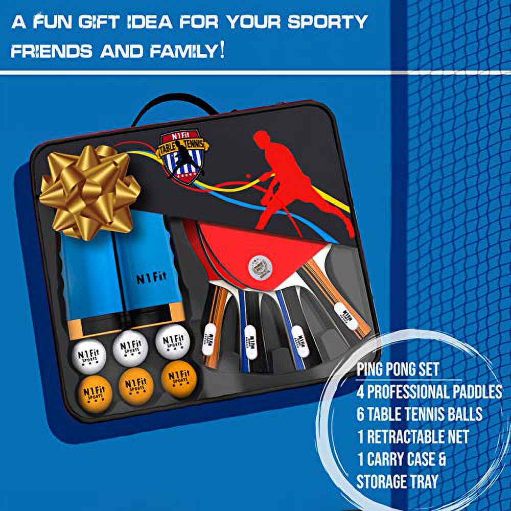 4 Professional Table Tennis Rackets, Retractable Net, 6 Balls, Carry Case Q50671