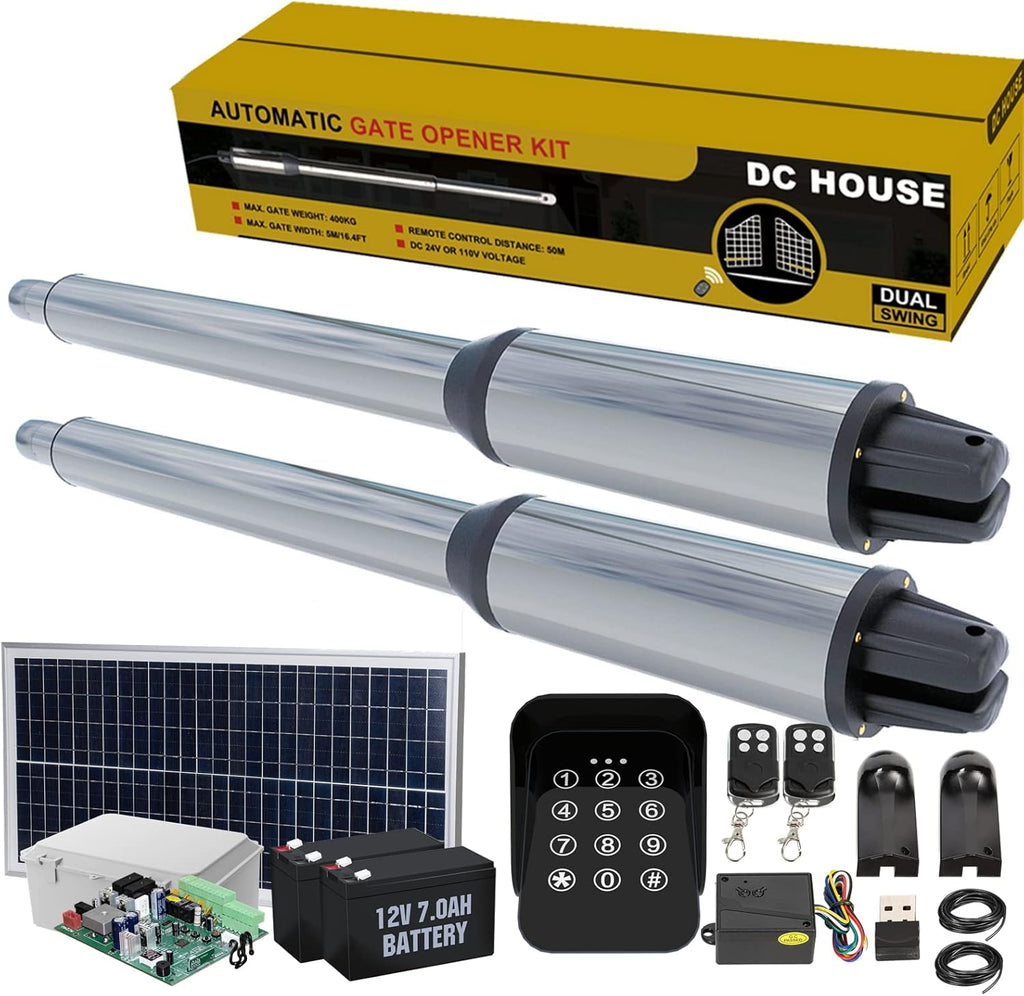 24V DC/AC Heavy-Duty Automatic Solar Dual Gate Opener Kit with Keypad + Car Sensor for Swing Gates Up to 16.4 Feet O143139