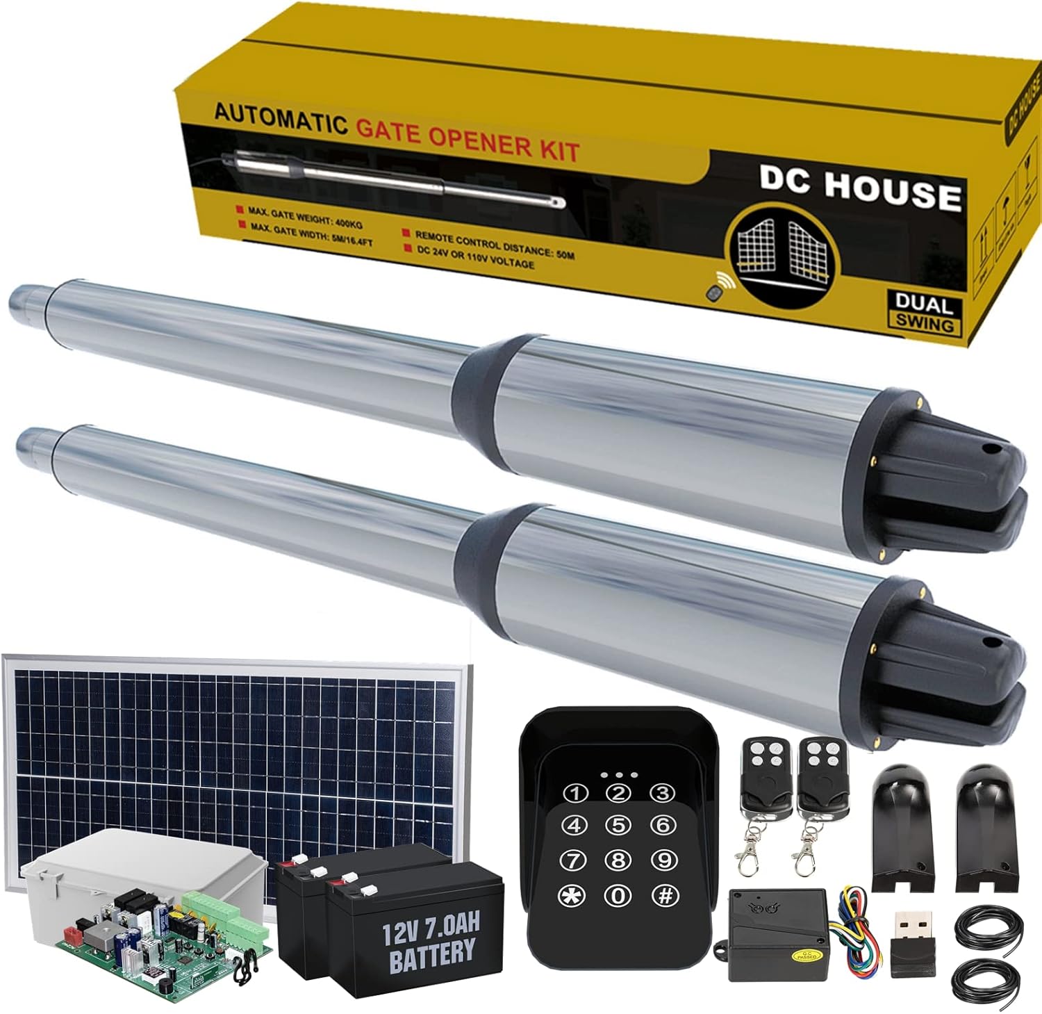 24V DC/AC Heavy-Duty Automatic Solar Dual Gate Opener Kit with Keypad + Car Sensor for Swing Gates Up to 16.4 Feet O143139