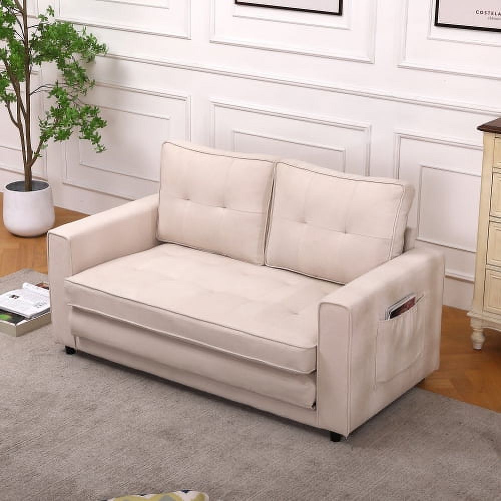 Beige Linen Folding Sofa Bed with Two Storage Pockets Y581894