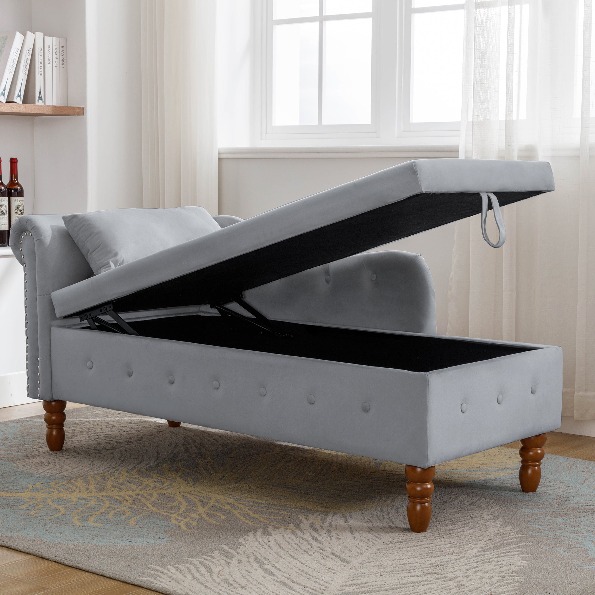 Grey Velvet Chaise Lounge with Storage & Pillow B399