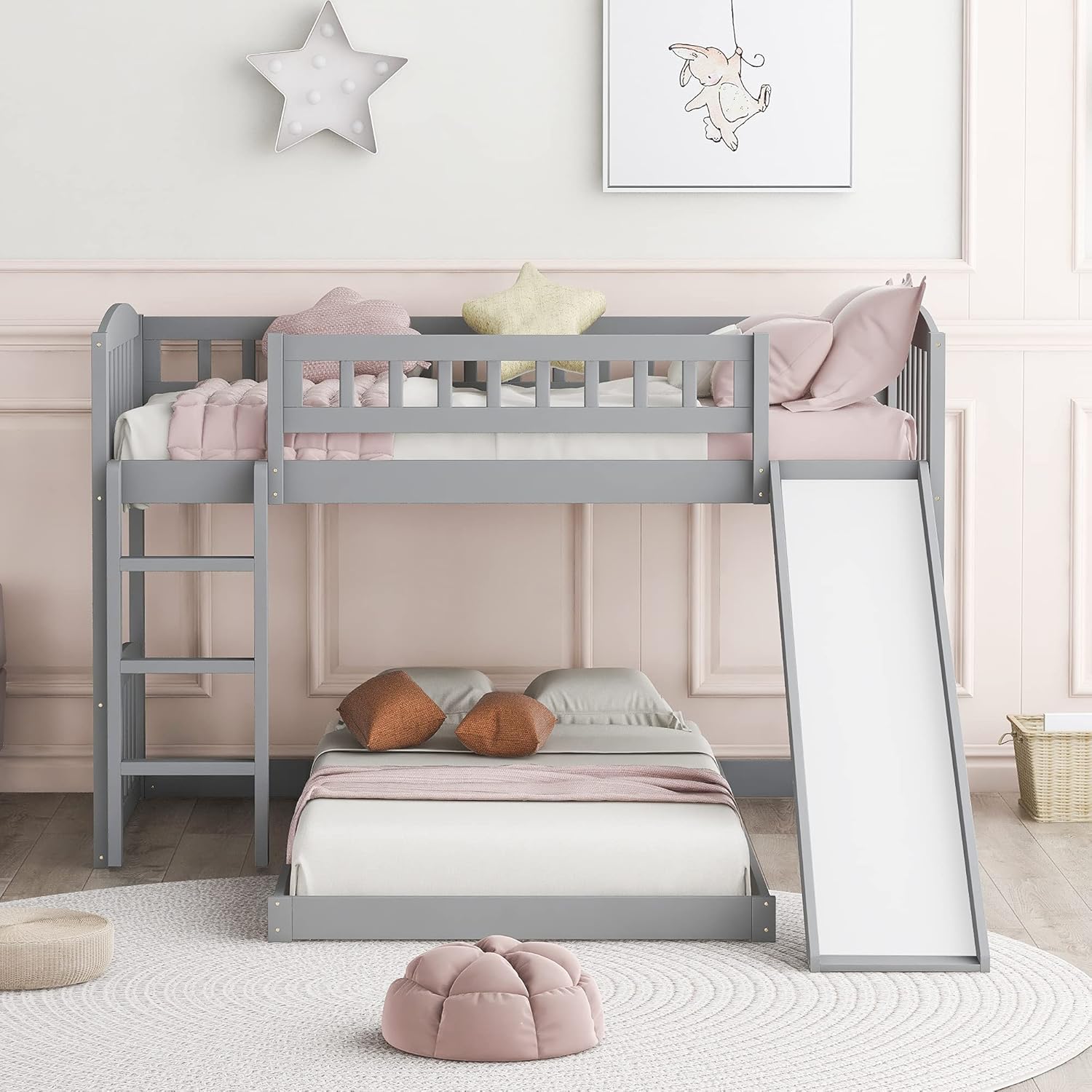 Twin Low Profile Bunk Beds with Slide and Staircase N46296