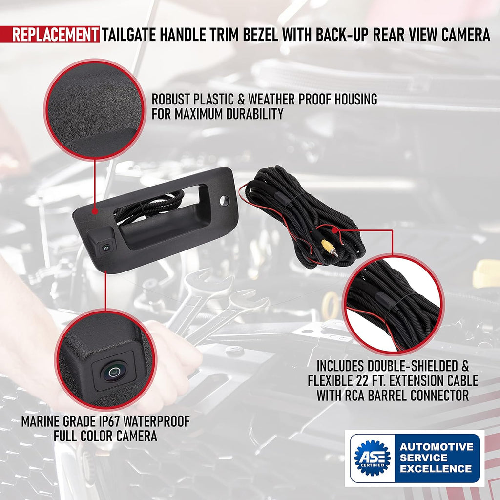 Replacement Tailgate Handle Trim Bezel with Backup Rear View Camera, Black, Pack of 2 M466357