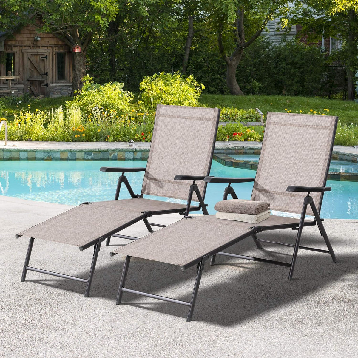 Outdoor Lounge Chairs Set of 2, Lightweight Folding Reclining Texilene Patio Chair with Adjustable Backrest B690