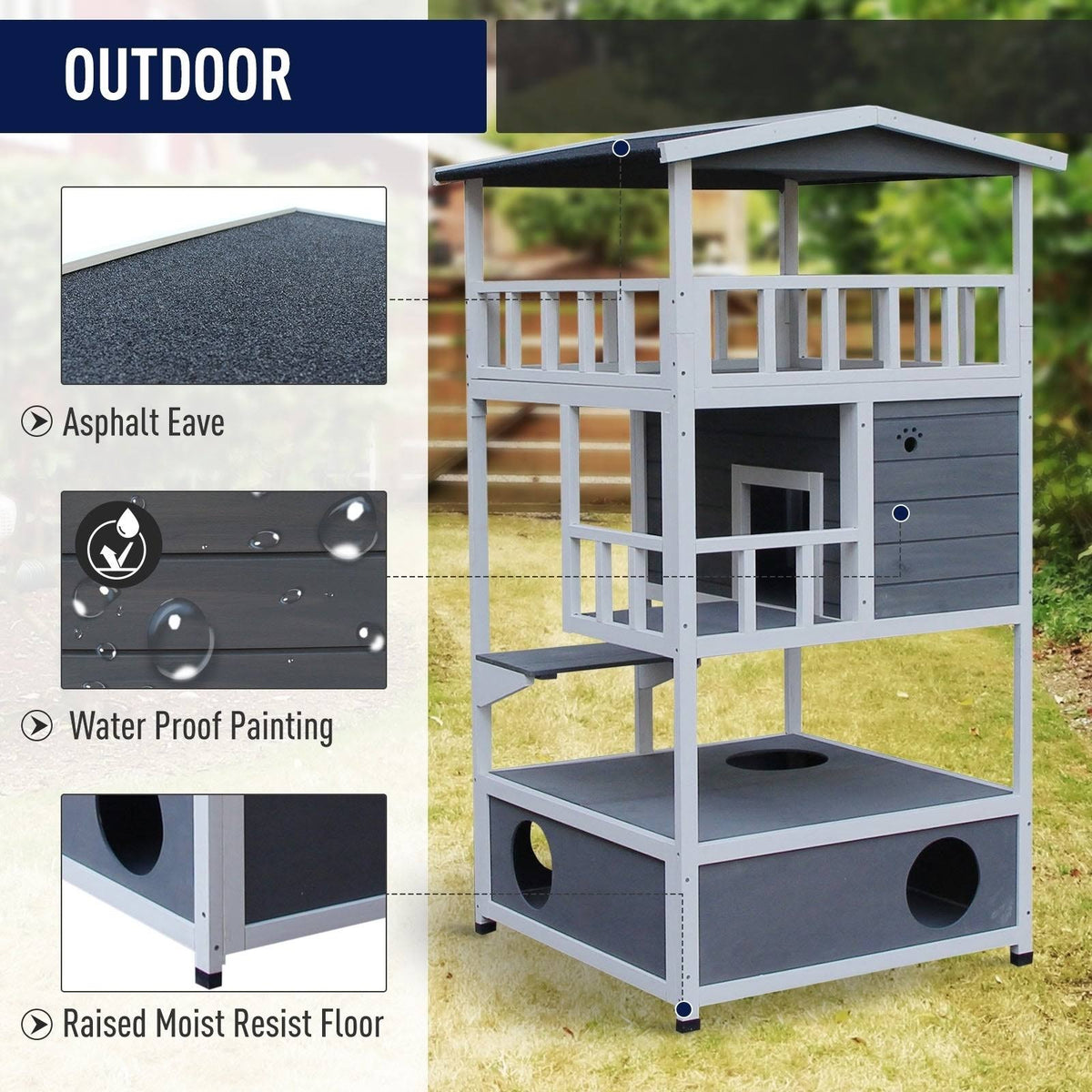 Gray Solid Wood Cat Condo with Litter Box Space J8661