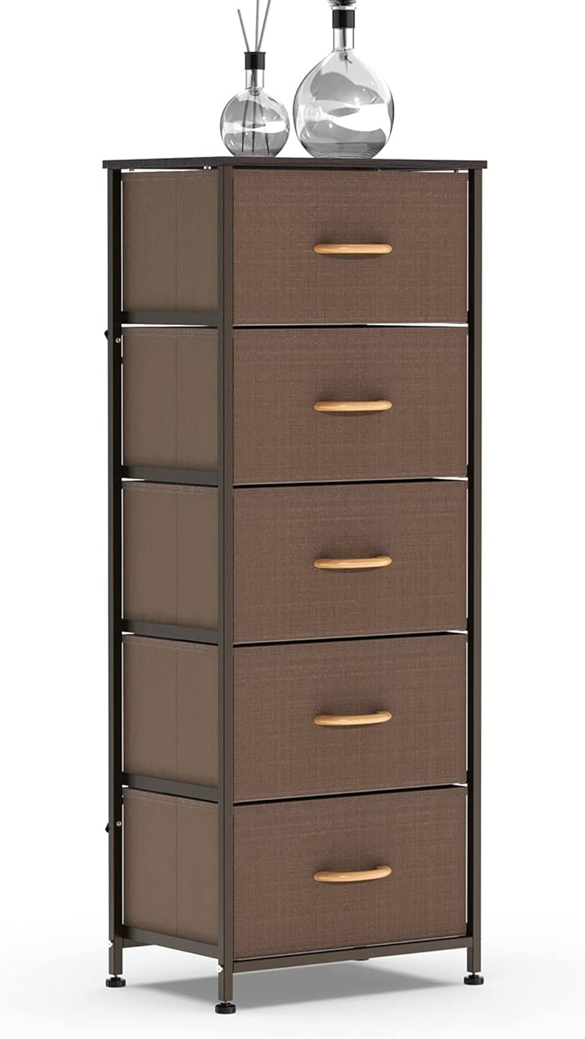 Vertical Dresser Storage Tower, Steel Frame, Wood Top, Fabric Bins, 4 Drawers, Brown L7718