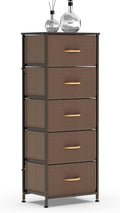 Vertical Dresser Storage Tower, Steel Frame, Wood Top, Fabric Bins, 4 Drawers, Brown L7718