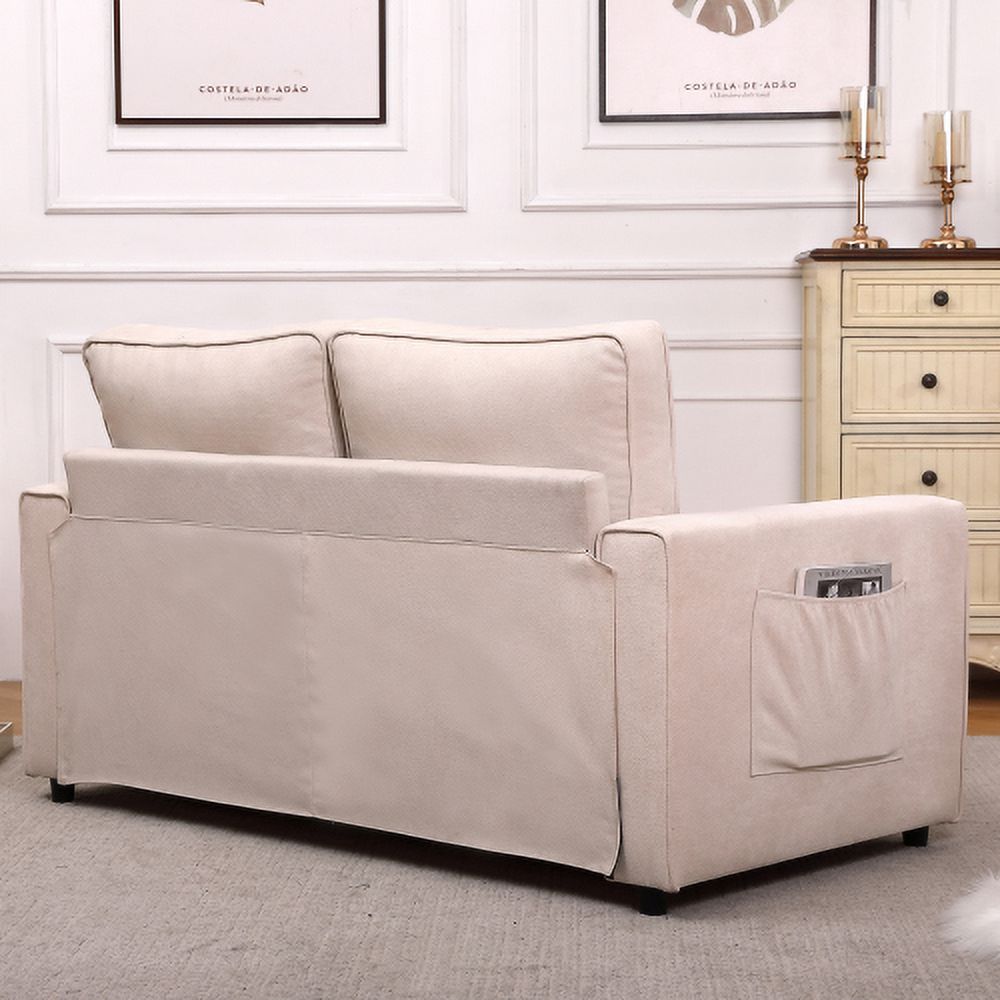 Beige Linen Folding Sofa Bed with Two Storage Pockets Y581894