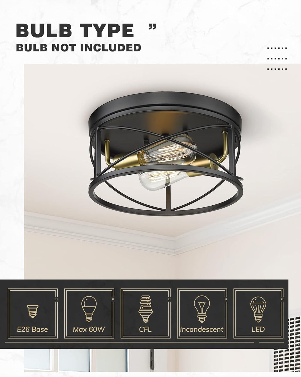 12 Inch 2-Light Farmhouse Flush Mount Ceiling Light Fixture in Matte Black and Brushed Brass C576685