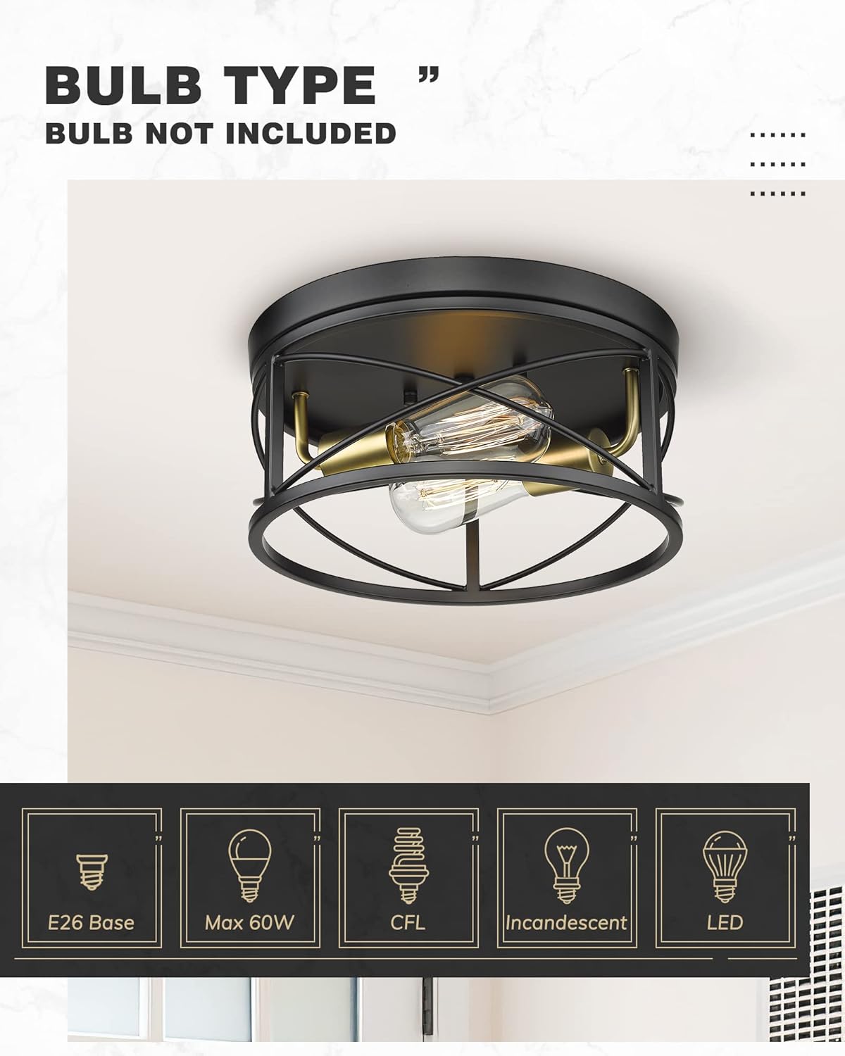 12 Inch 2-Light Farmhouse Flush Mount Ceiling Light Fixture in Matte Black and Brushed Brass C576685