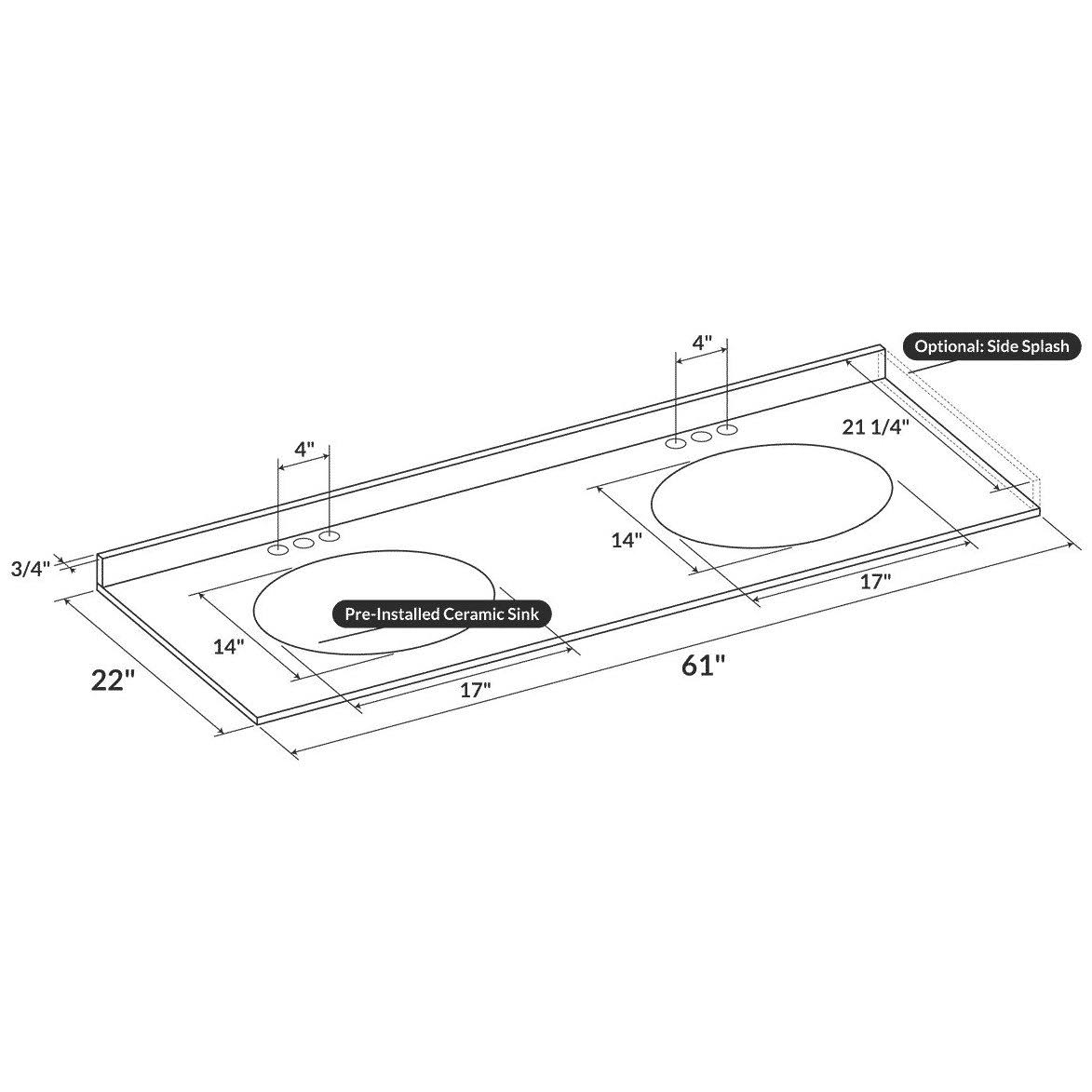 White Double Vanity Top with Backsplash V628