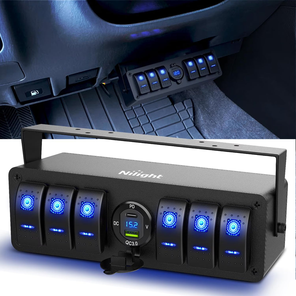 6 Gang Rocker Switch Panel with USB Charger Voltmeter H4117