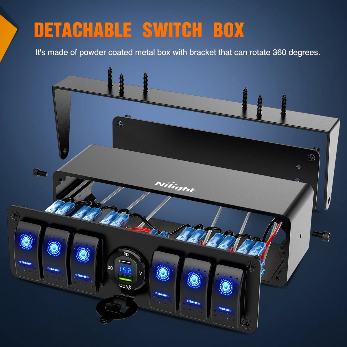 6 Gang Rocker Switch Panel with USB Charger Voltmeter H4117