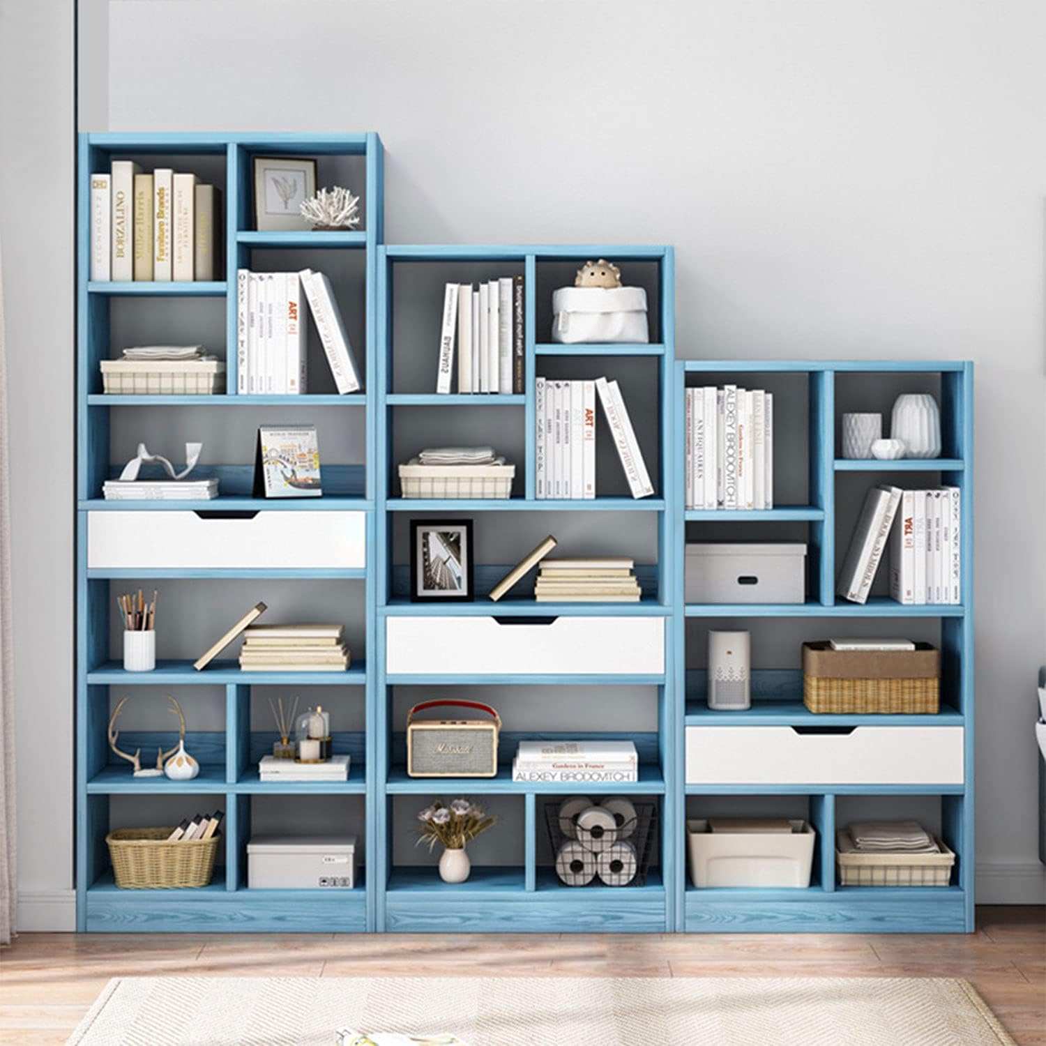 Bright Blue 8 Cubes Wooden Bookcase with Drawer V44398