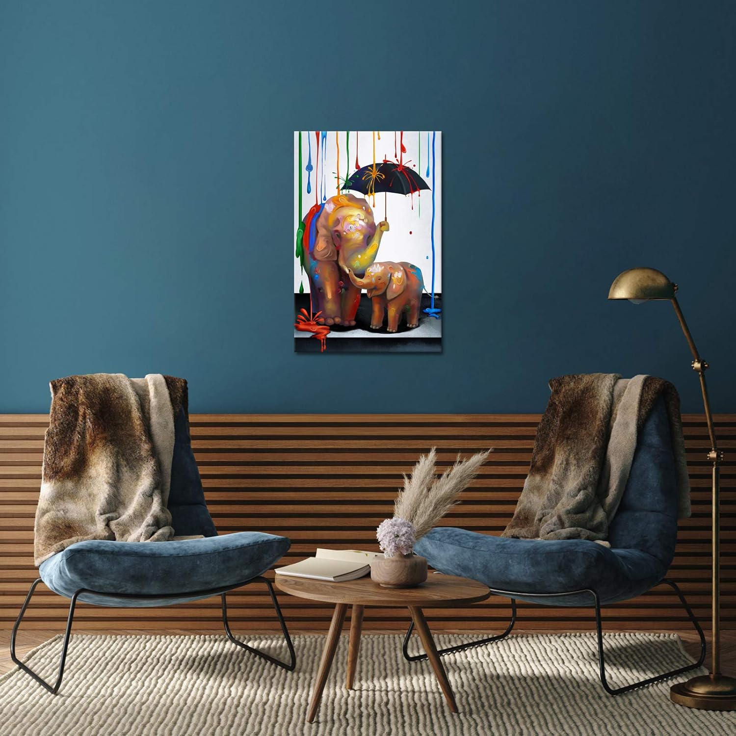 Elephant Mother and Baby Canvas Wall Art with Wood Frame Q8508