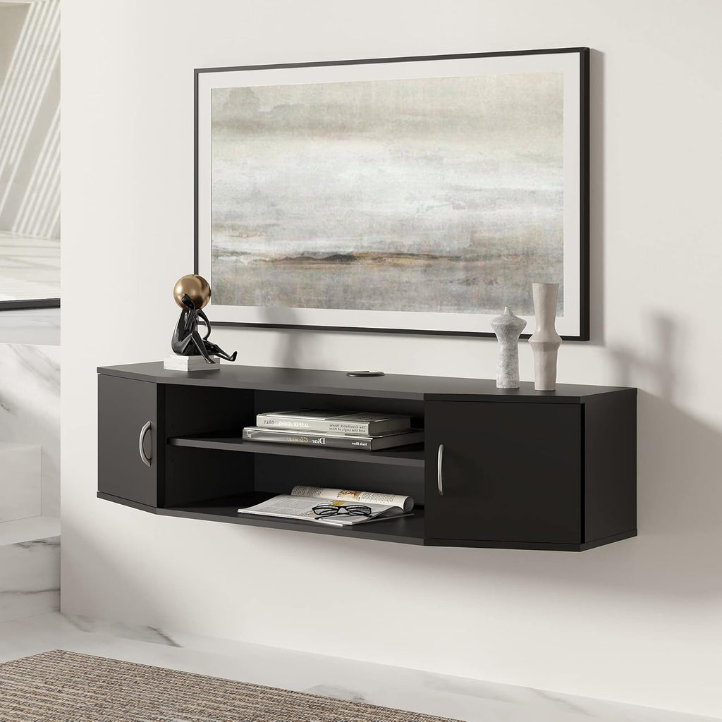 Black Floating TV Stand with Door Wood Media Console J6156
