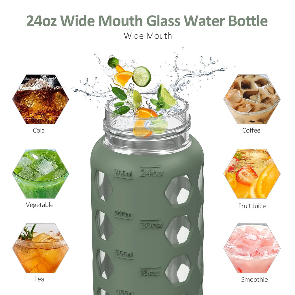 24oz Glass Water Bottle with 2 Lids and Silicone Sleeve E72335