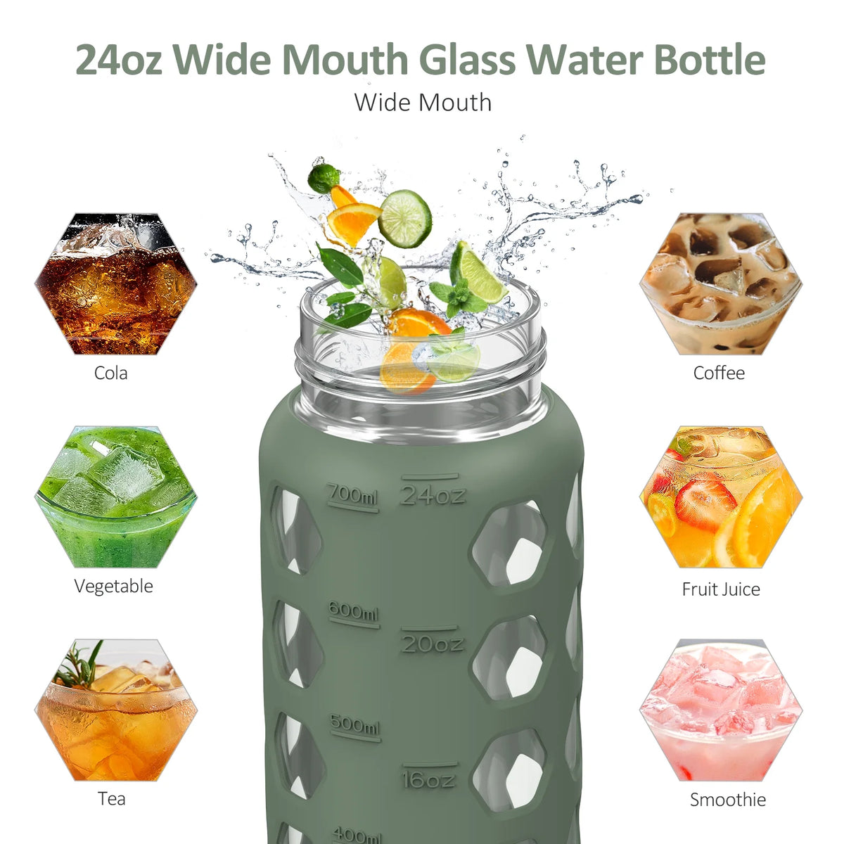 24oz Glass Water Bottle with 2 Lids and Silicone Sleeve E72335
