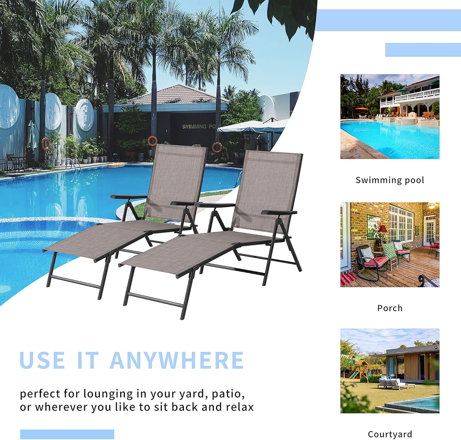 Outdoor Lounge Chairs Set of 2, Lightweight Folding Reclining Texilene Patio Chair with Adjustable Backrest B690