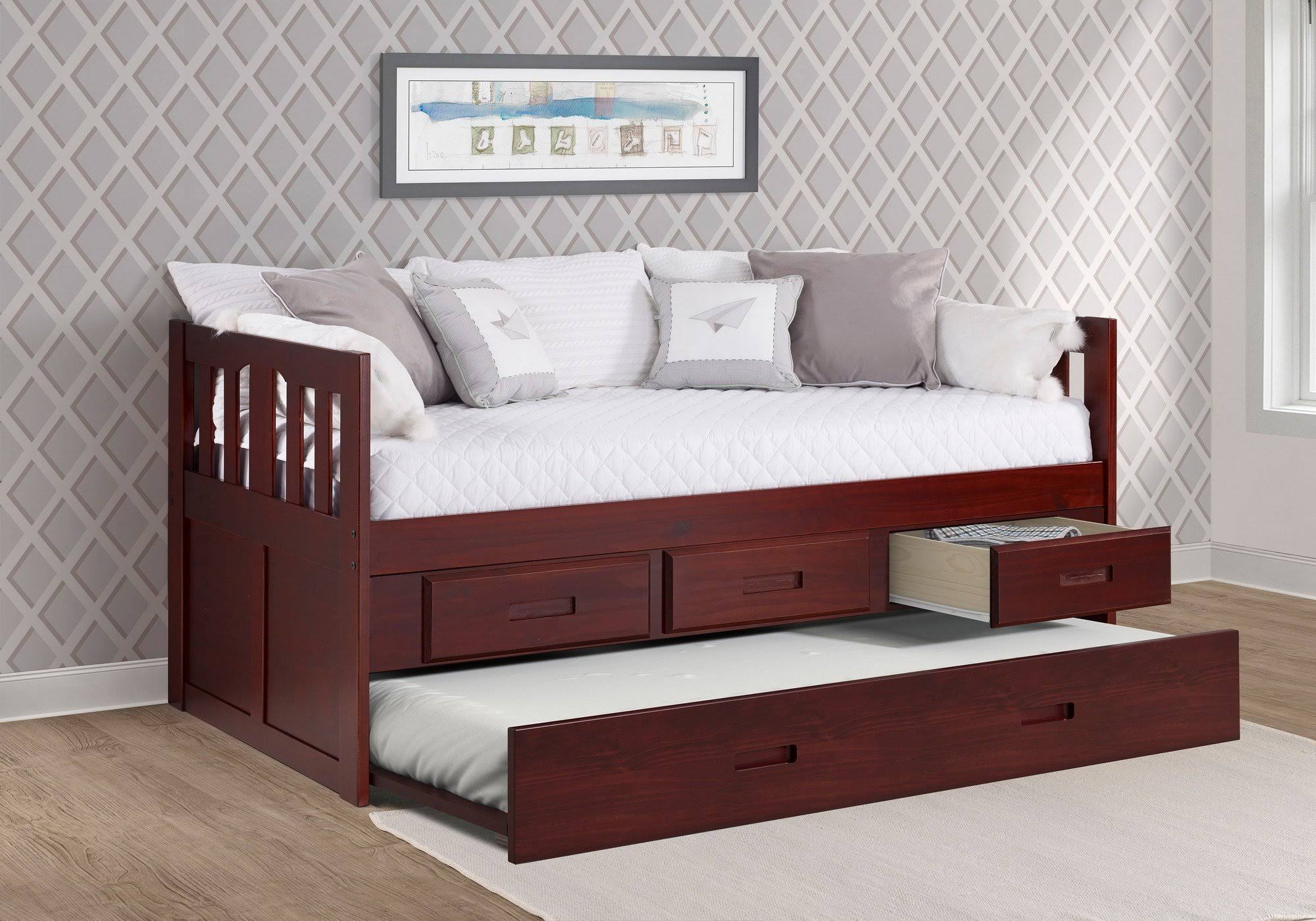 Twin Mission Captains Bed with 3 Drawer Storage and Twin Trundle in Merlot Finish M6671