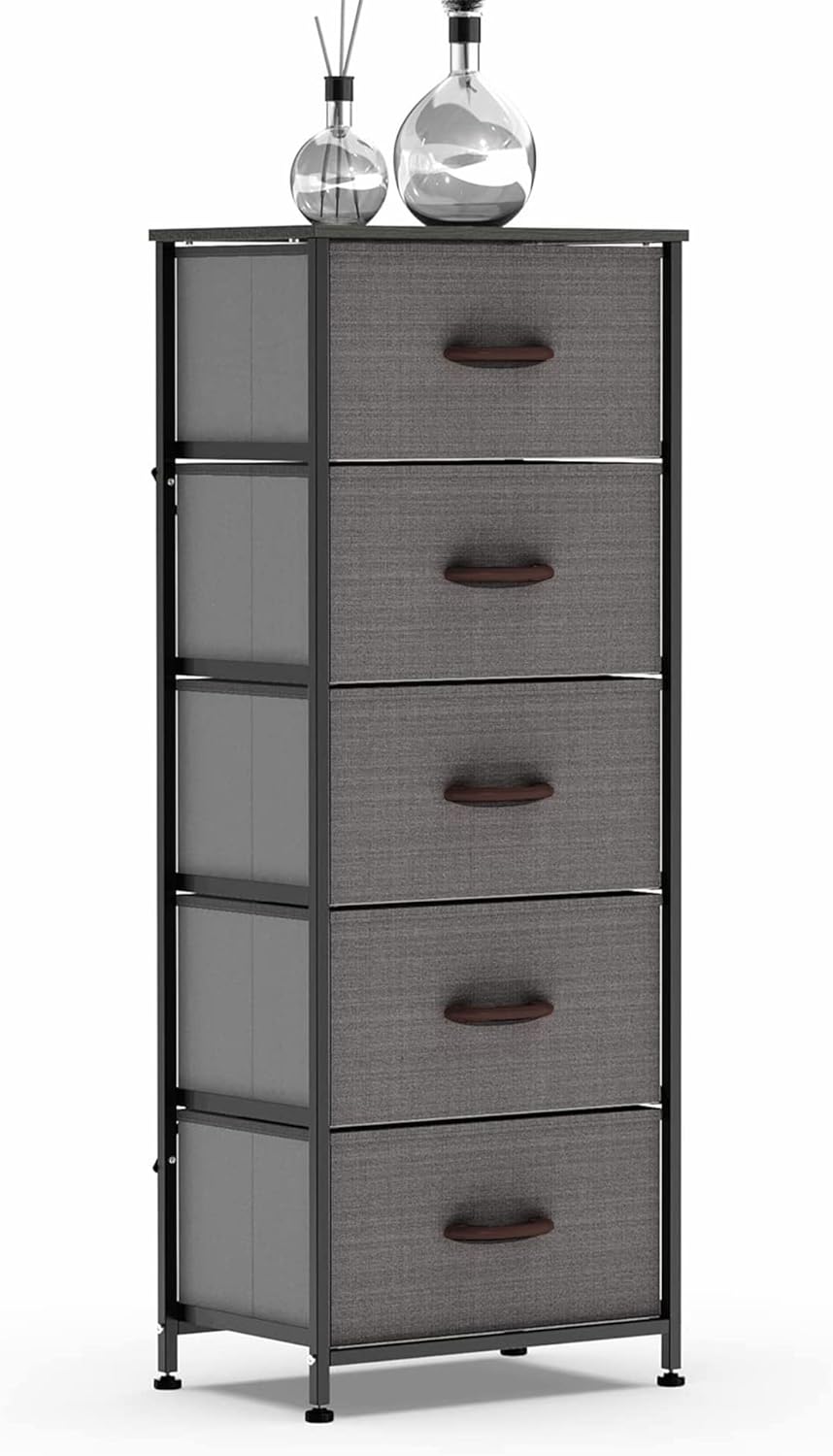 Vertical Dresser Storage Tower, Steel Frame, Wood Top, Fabric Bins, 4 Drawers, Brown L7718
