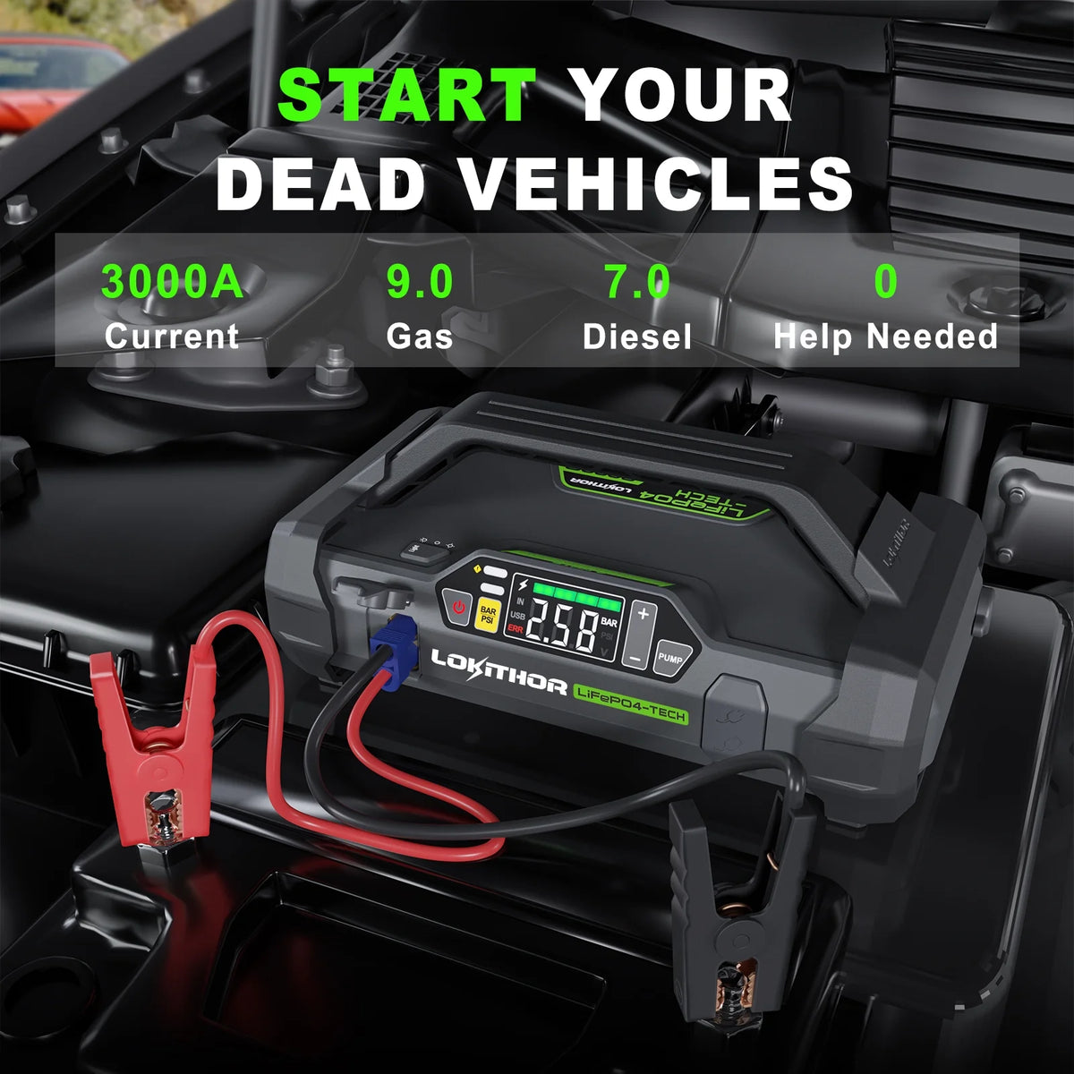 Jump Starter with Air Compressor, 3000Amp 12V Lithium Iron Phosphate Car Starter Battery, 150 PSI Tire Inflator with Digital Screen M6189
