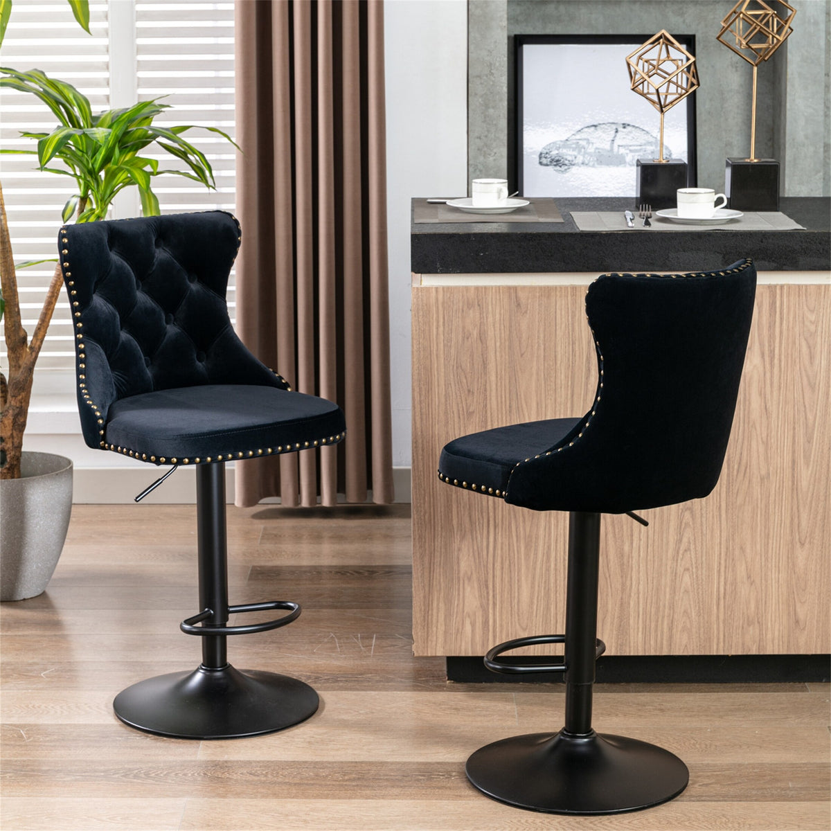 2PC Swivel Velvet Upholstered Bar Stools M931