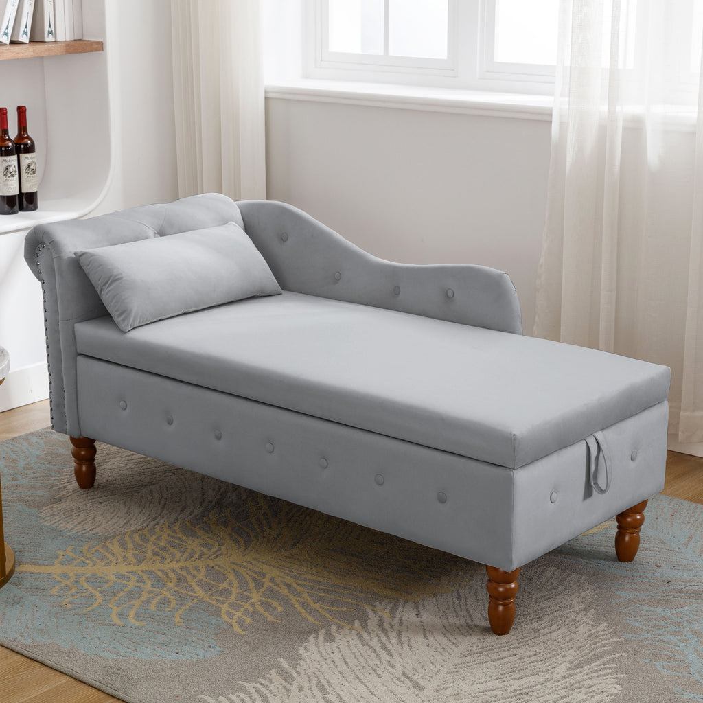 Grey Velvet Chaise Lounge with Storage & Pillow B399